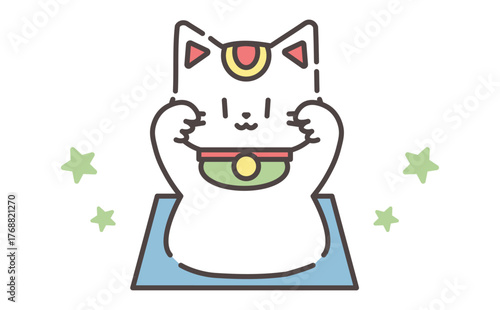 両手を上げたかわいい招き猫イラスト Double Lucky Maneki Neko