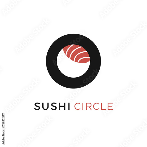 A logo featuring a black circle with a red and white fish-like shape, with text at the bottom