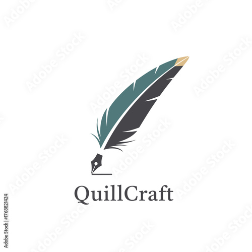 A logo design featuring a stylized quill pen with a teal, gray, and gold feather