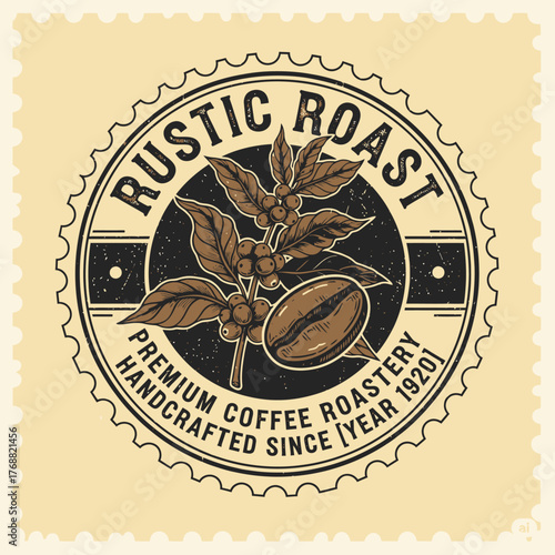 Vintage-style stamp featuring coffee beans and leaves, set in a circular frame, with text