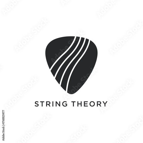 Stylized, dark shape of a guitar pick with white lines inside, along with text below
