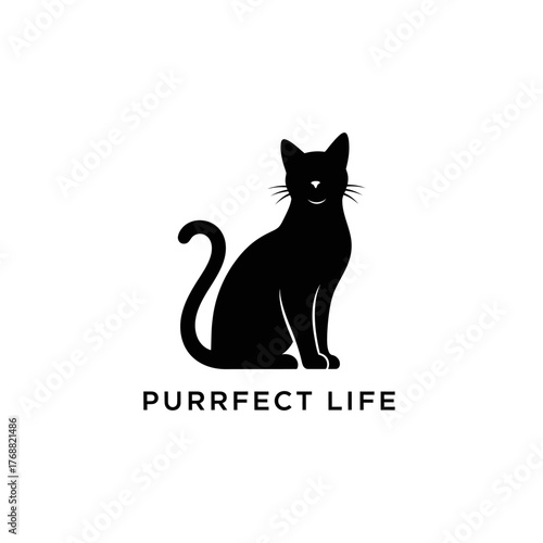 A black cat silhouette sits upright with a smiling face. Text underneath says "PURRFECT LIFE