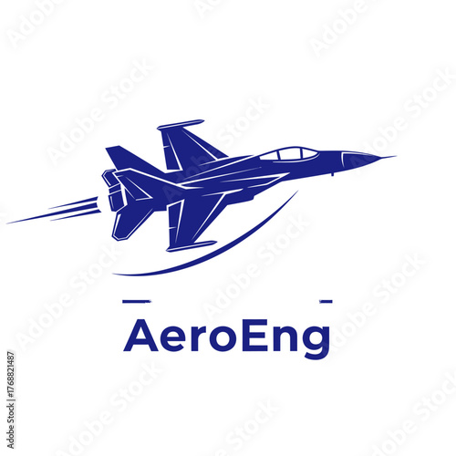 Blue silhouette of a jet fighter in flight with stylized vapor trails; text below
