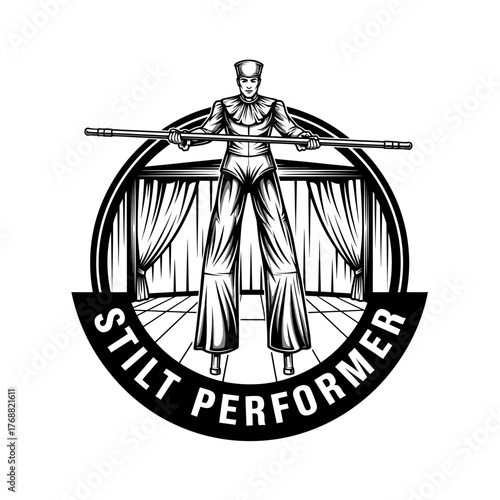 A monochrome illustration of a stilt walker holding a balancing pole, within a circular emblem