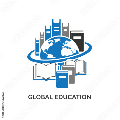 Stylized emblem combining a globe, books, and orbiting ring to represent education