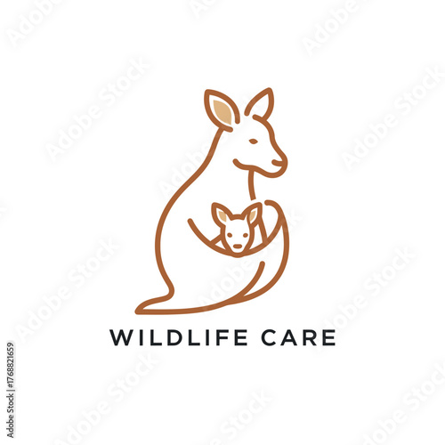 Stylized illustration of a kangaroo with a joey in its pouch.  Text "WILDLIFE CARE" below