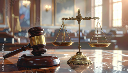 Justice scale and wooden gavel on polished table in courtroom with sunlight creating warm and serious atmosphere for legal proceedings and law enforcement