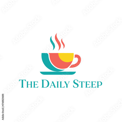 A vibrant, colorful logo featuring a stylized steaming cup atop a saucer, set against a white backdrop
