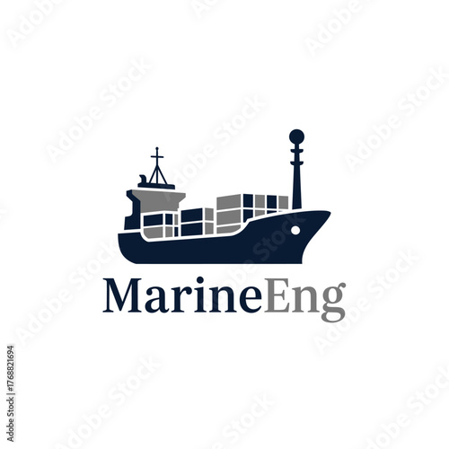 A marine transportation symbol featuring a navy blue ship loaded with containers and text below