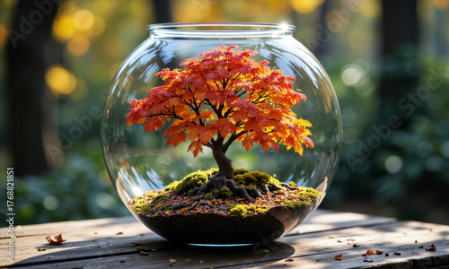 A Contained Autumn: A Fishbowl with a Single, Vibrant, Autumn Tree