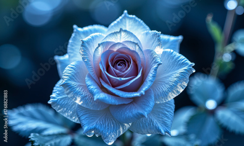 A Rose of Frozen Passion: A Single, Perfect Rose with Petals of Translucent, Blue Ice