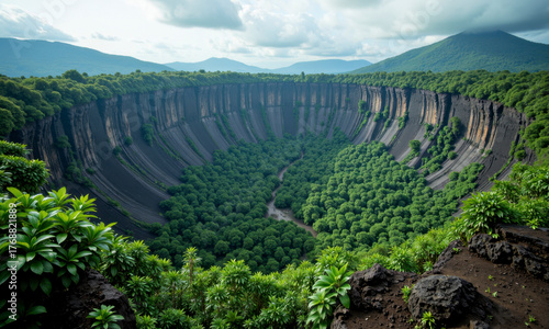 An Oasis of Unexpected Life: A Volcano's Crater Filled with a Lush Green Forest