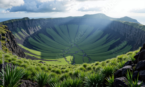 An Oasis of Unexpected Life: A Volcano's Crater Filled with a Peaceful, Lush Meadow