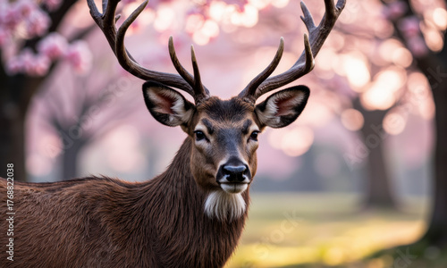 A Portrait of Mythical Spring: A Majestic Deer with Cherry Blossom Antlers