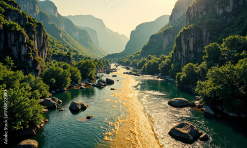 The River of Midas: A Surreal River of Liquid Gold Flowing Through a Green VNlley