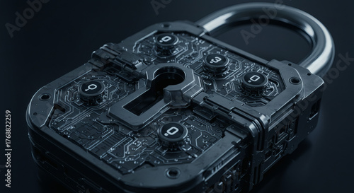 Wallpaper Mural Intricate digital padlock featuring advanced circuit board design, symbolizing robust cybersecurity, data protection, and secure access in a modern technological landscape Torontodigital.ca
