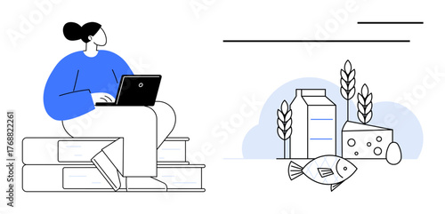 Woman sitting on stacked books using a laptop, paired with milk, cheese, fish, and wheat visuals. Ideal for education, nutrition, learning, research food studies health simple flat metaphor