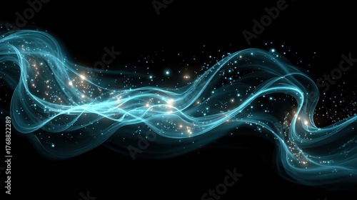 Flowing blue light trails with golden glitter particles, isolated black. Ideal backdrop for tech, science, or cosmic themed presentations.
