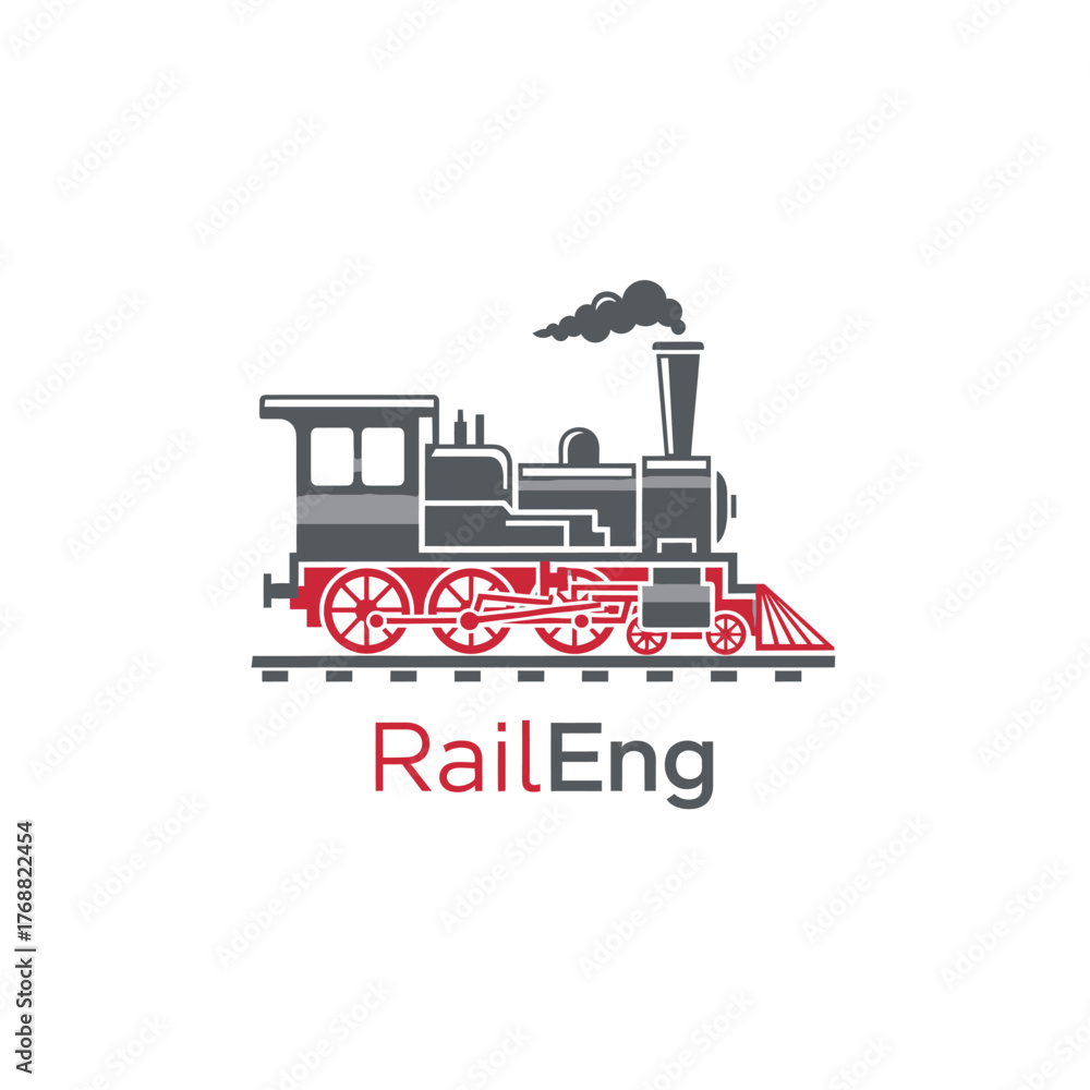 Naklejka premium A grayscale and red stylized train logo on a white background, with smoke and text below