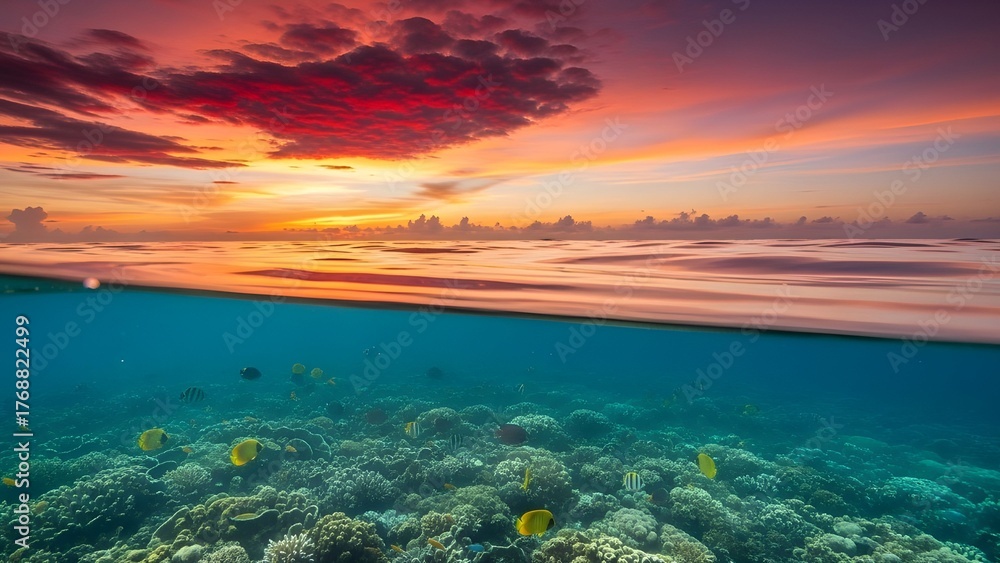 Fototapeta premium tranquil split-level seascape revealing harmony between sunset and underwater world. The upper sky bursts with molten gold and crimson, fading into soft mauve near the zenith. Beneath, gentle ripples 