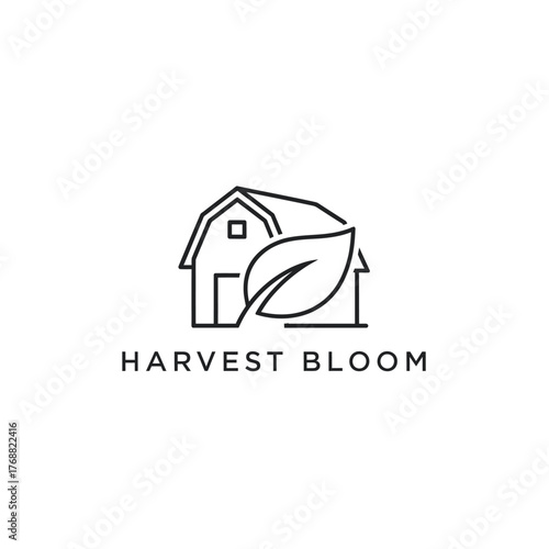 Linear logo featuring a barn, a leaf, and text below. The image has a clean, minimalist aesthetic