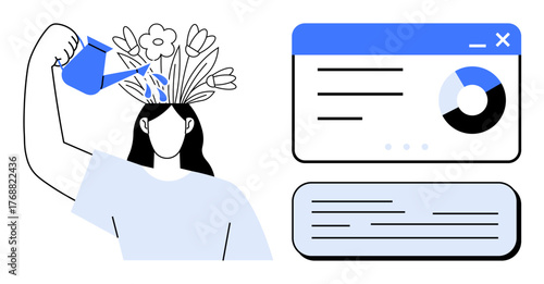 Person pouring water on flowering plants from head symbolizing growth. Accompanied by data dashboard and text card. Ideal for education, creativity, data, self-growth, knowledge, innovation, simple