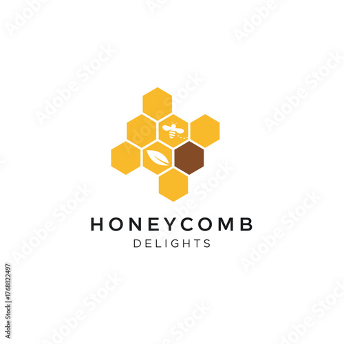 Modern logo featuring a honeycomb with a bee, leaf, and text below on a white background