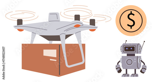 High-tech delivery quadcopter carrying package, humanoid robot with metallic design, orange circle with dollar sign. Ideal for technology, logistics, automation, robotics, e-commerce, finance modern