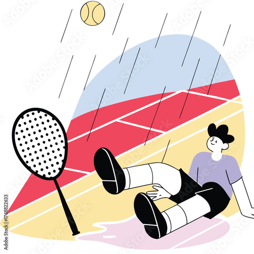 Tennis player in intense rain dynamic sports illustration
