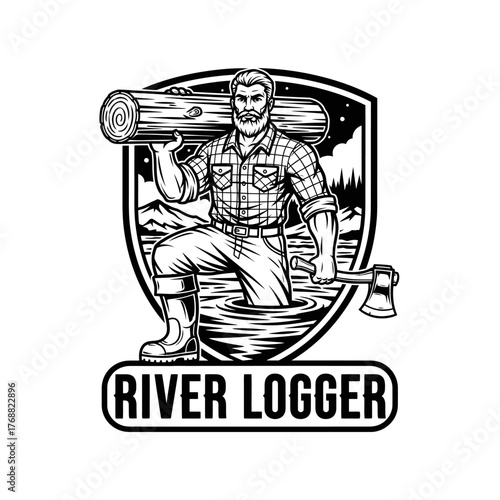 A black-and-white illustration of a lumberjack in water holding a log and axe inside a shield