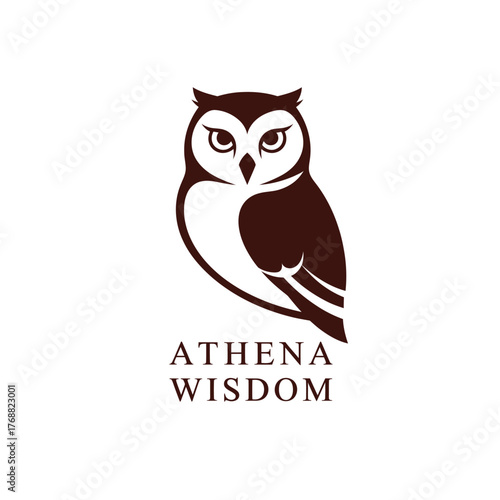A regal brown and white illustration of an owl, perched with a stern gaze and text below