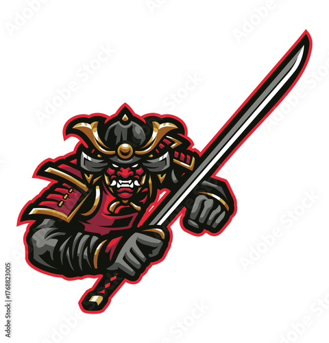 Japanese Warrior Illustration: A fierce illustration depicts a traditional samurai warrior in full armor, brandishing a katana, embodying strength and martial prowess.