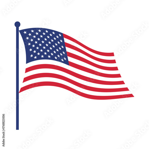 Illustration of a national flag with stars and stripes, waving on a pole