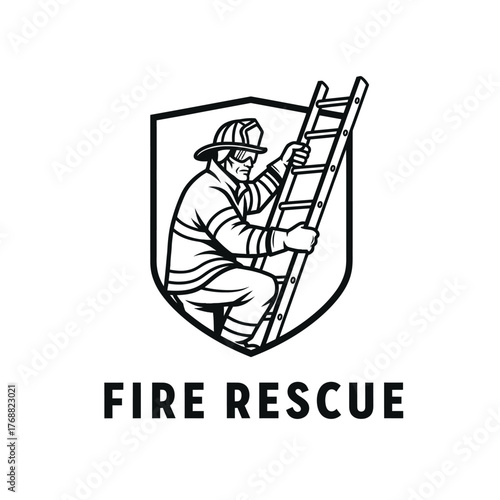 Firefighter climbs a ladder, emblem within a shield, bold text at the bottom