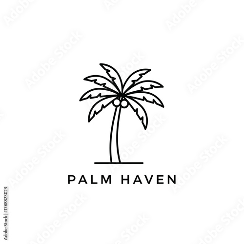 A minimalist line-art logo of a palm tree with coconuts. Text at the bottom says "PALM HAVEN