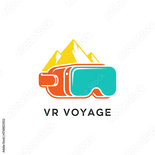 A virtual reality headset design with mountains, text. Brightly colored. Modern, flat style