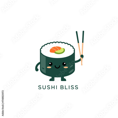 Adorable sushi character with a smiling face, arms, legs, and holding chopsticks on a white backdrop