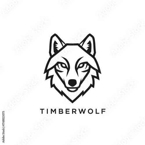 A stylized black and white illustration of a wolf's head with sharp lines and a geometric design