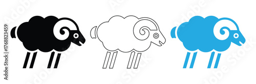 Sheep silhouette icon vector. Farm sheep, glyph, solid icon. Livestock concept. Kur sign on white background. Sheep meat solid sign.sheep icons in black, white, and vibrant blue hues,editable stroke,