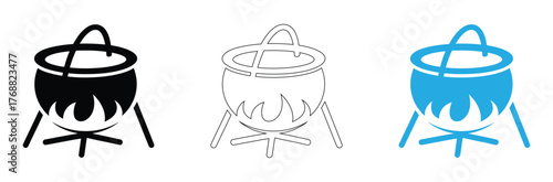 Cauldron cooking icon set for Halloween festive occasion,editable stroke,cauldron icon vector design template in white background