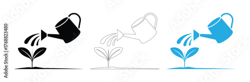 Nurturing new growth Watering can design in black, white, blue,editable stroke