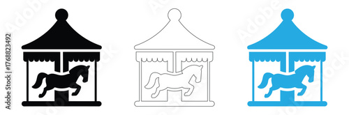 Whimsical carousel horse icons set for fun designs,editable stroke,Horse carousel icon. merry-go-round line icon, Line icons of amusement park,
