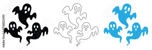 Spooky Halloween ghost silhouette bundle.Halloween ghost, spooky cartoon poltergeist.Scary ghost characters,fly funny spook,Spooky ghost trio for Halloween fun in black,white and blue,editable stroke