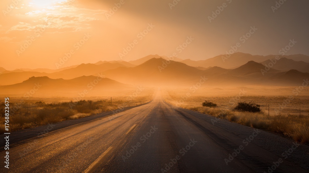Fototapeta premium Empty asphalt road stretches into a hazy, golden sunset landscape. Mountains rise in the distance, veiled by a soft, orange dust haze