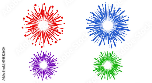 abstract fireworks design elements celebratory bursts of red blue purple and green ideal for event promotions and festive backgrounds.