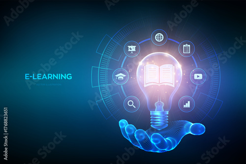 Education. Light bulb with book icon inside in hand. E-learning. Innovative online education technology concept. Skill development. Webinar, teaching, online training courses. Vector illustration.