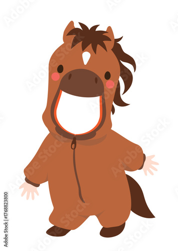 口の中が透過加工され写真をはめ込むことができる、2026年午年の年賀状に適した馬の着ぐるみのベクターイラスト