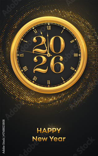 Happy New Year 2026. Golden New Year countdown clock with numbers 2026 inside. Festive background with gold shimmer halftone effect. New Year greeting card or party invitation. Vector illustration.