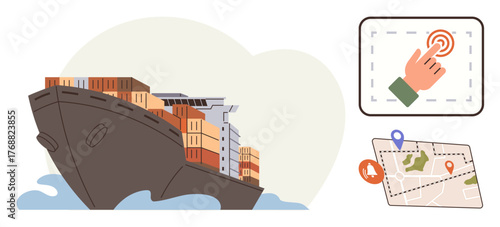 Cargo vessel stacked with containers sailing in waves, GPS icons symbolizing logistics, interactive map, and route planning. Ideal for transportation, shipping, global trade, navigation, logistics