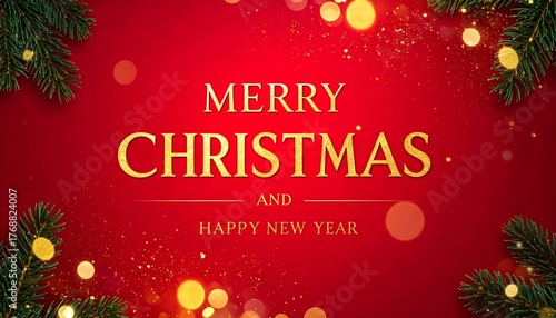 Merry Christmas and Happy New Year Greeting - Golden Text on Red Background - Festive Holiday Poster - AI Generative